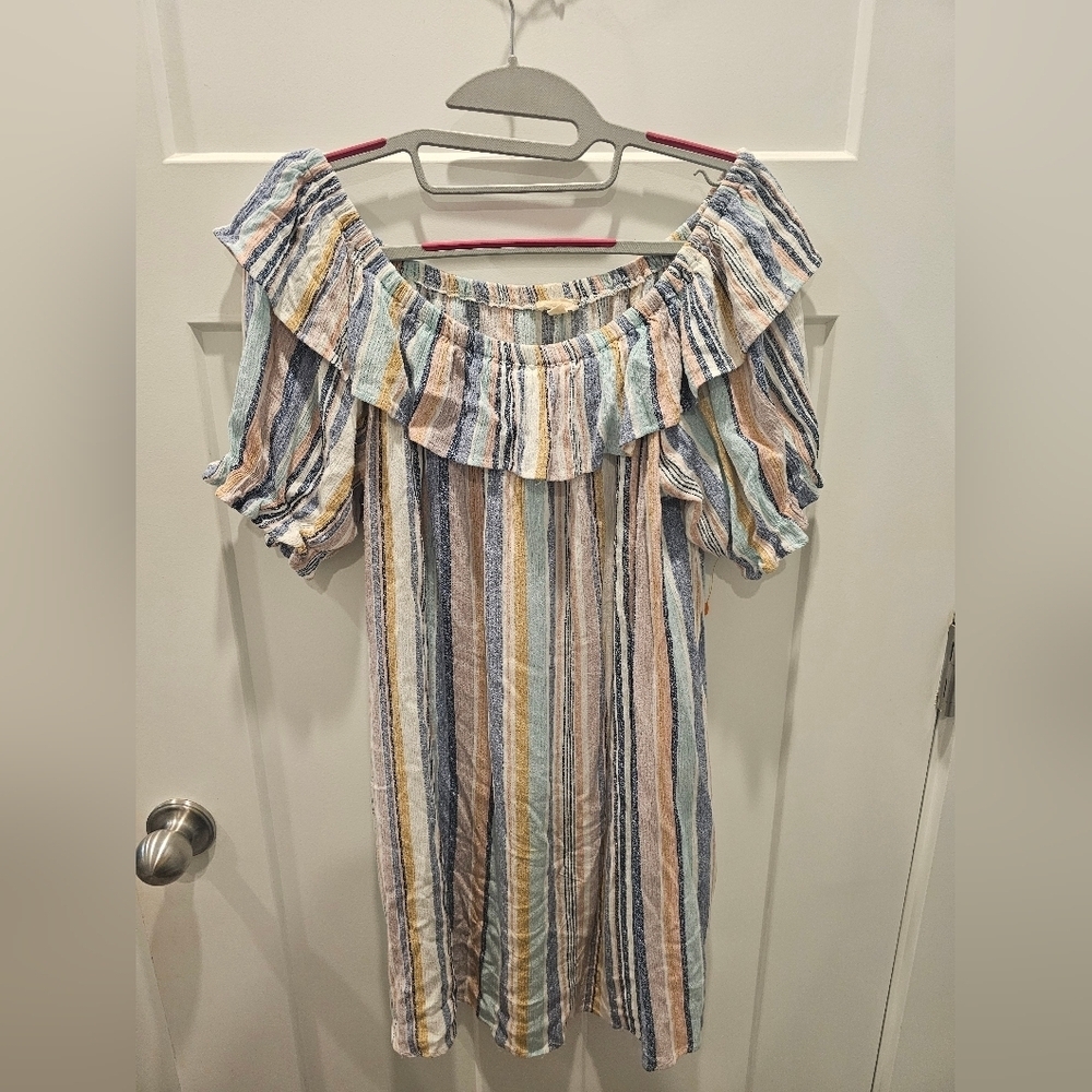 Hem & Thread Off Shoulder Striped Dress Tunic Size M Ruffle Neck Summer